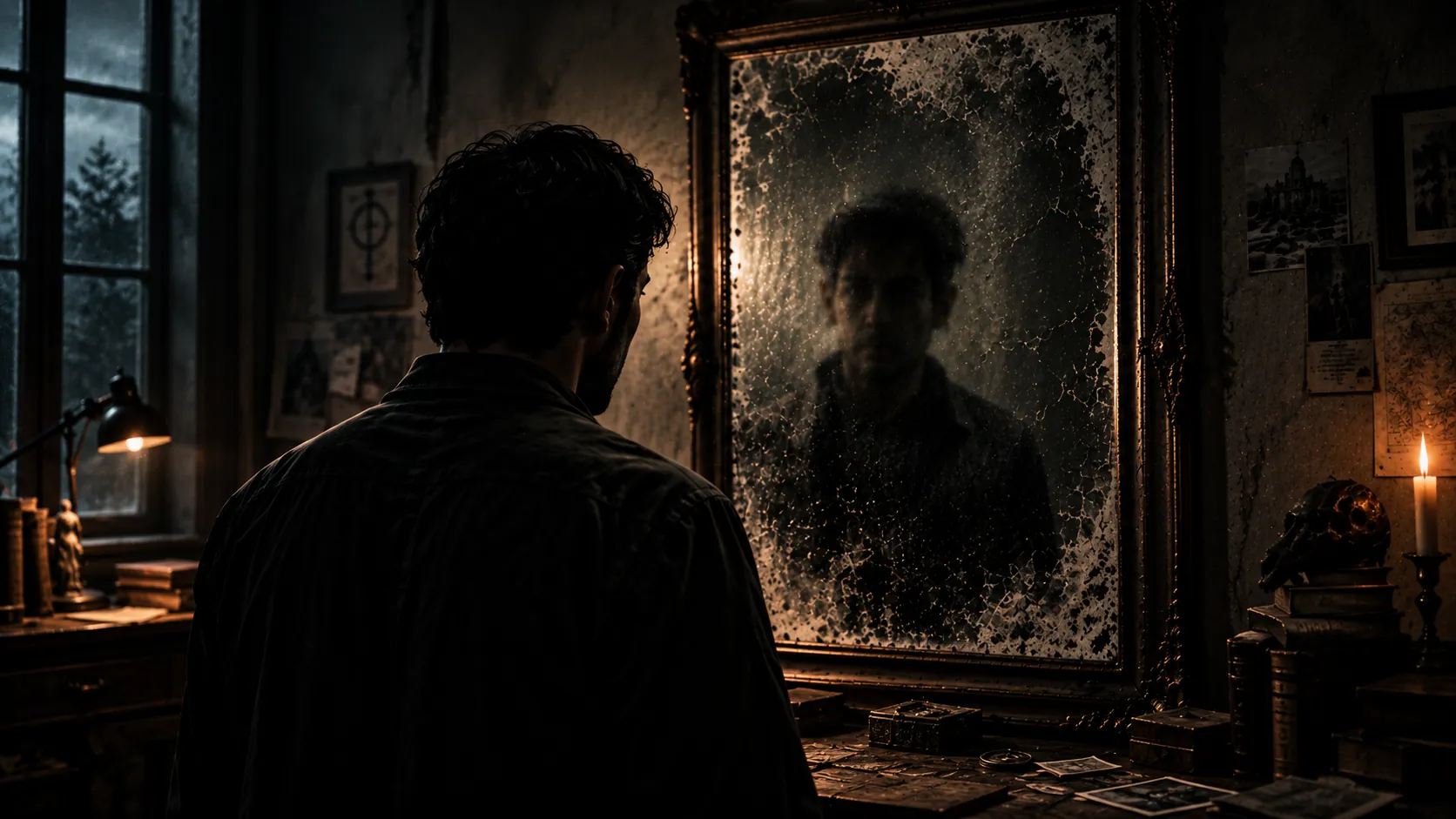 A man faces a cracked antique mirror; the reflection staring back is blurred and not quite his.